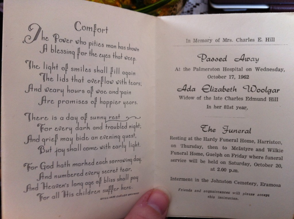 The funeral card for Ada Elizabeth Woolgar, wife of the late Charles Edmund Hill