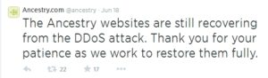 The first tweet indicating a DDoS attack to the Ancestry website June 18, 2014