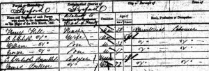 Part of the census from 1851 listing George Hill and his parents. 