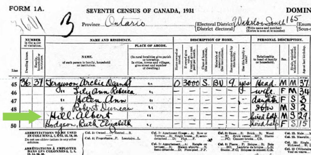 1931 census record - part one for: 1931 Census record for Archie Deans Ferguson, Lily Ann Rebecca Ferguson, Helen Ann Ferguson, Roert Duncan Ferguson, Albert Hill and Ruth Elizabeth Hodgson